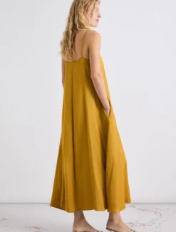 Slip dress in gabardina di misto lino - COGNAC