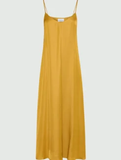 Slip dress in gabardina di misto lino - COGNAC