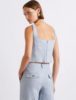 Top in lino e viscosa stretch - AZZURRO