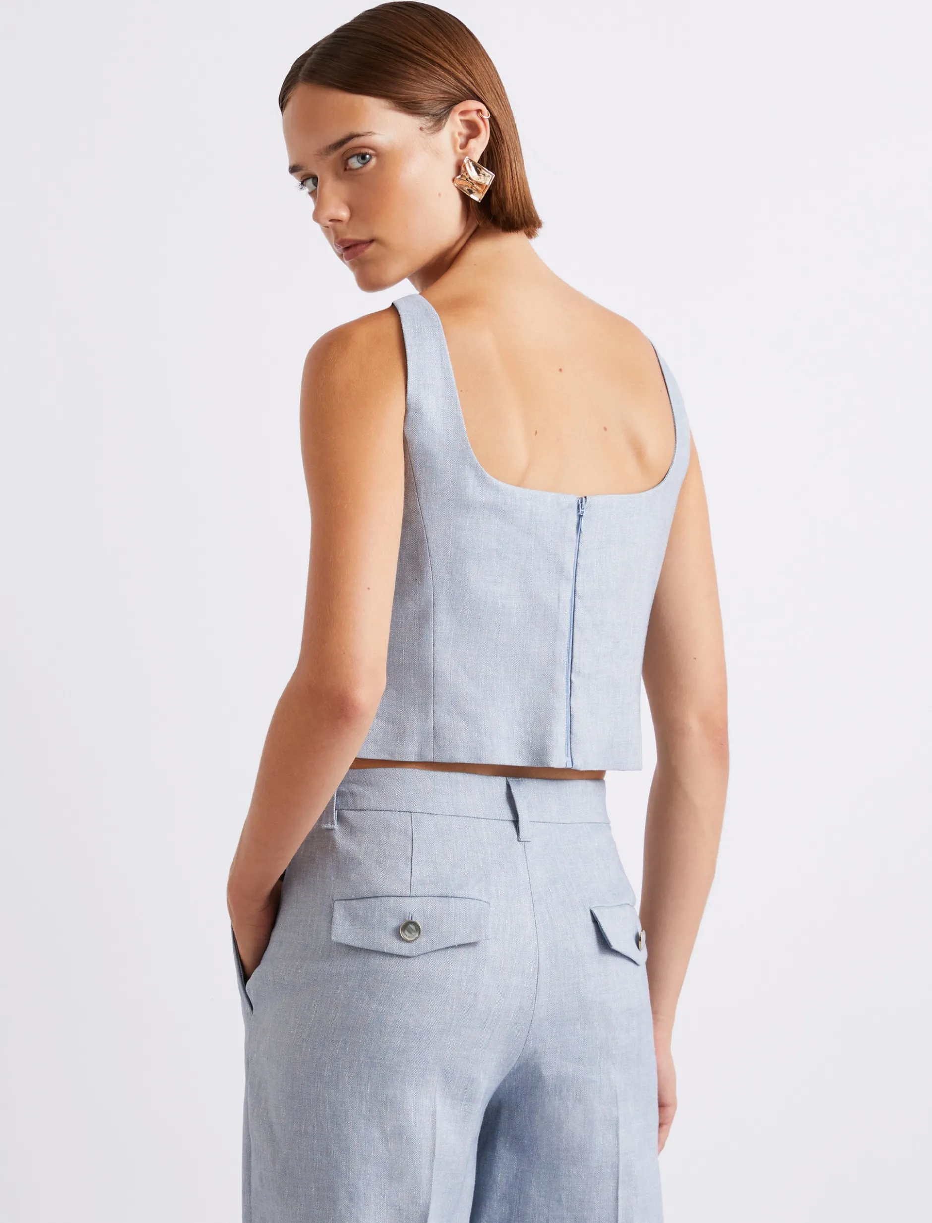 Top in lino e viscosa stretch - AZZURRO