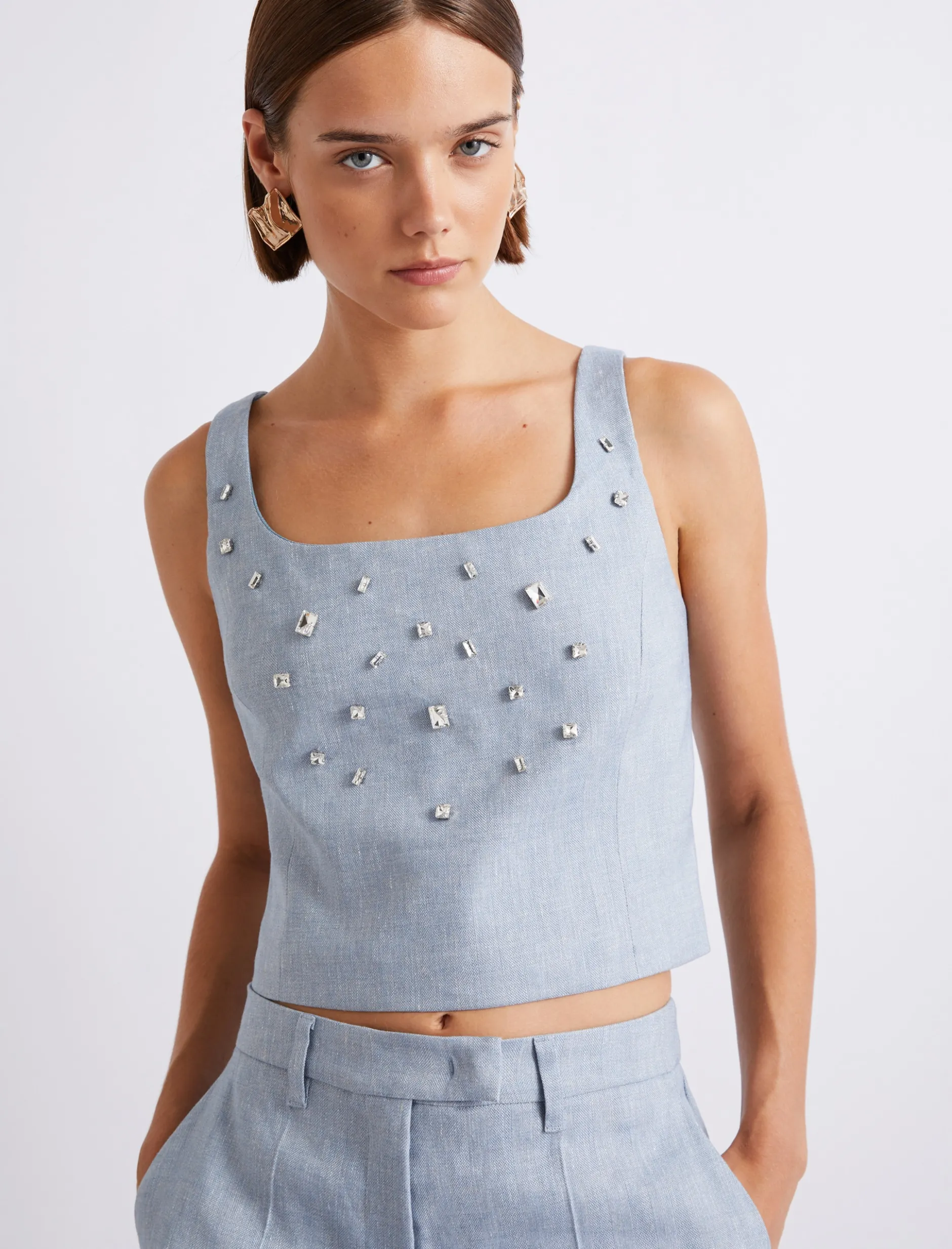 Top in lino e viscosa stretch - AZZURRO