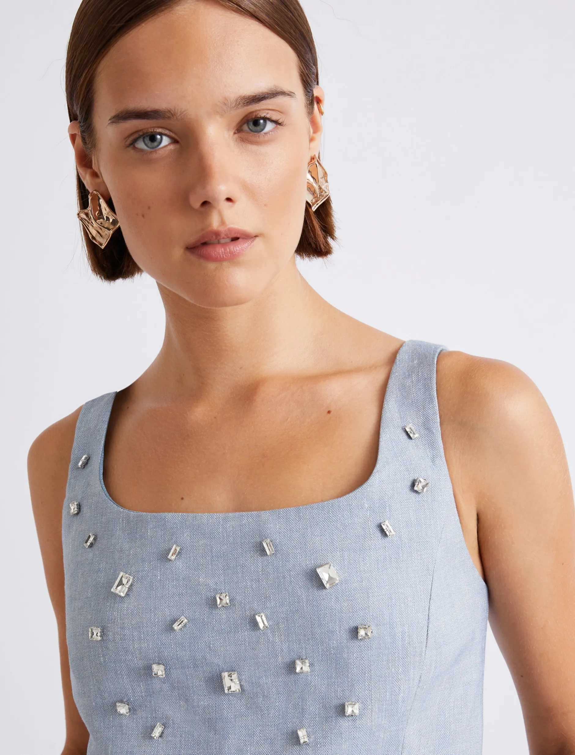 Top in lino e viscosa stretch - AZZURRO