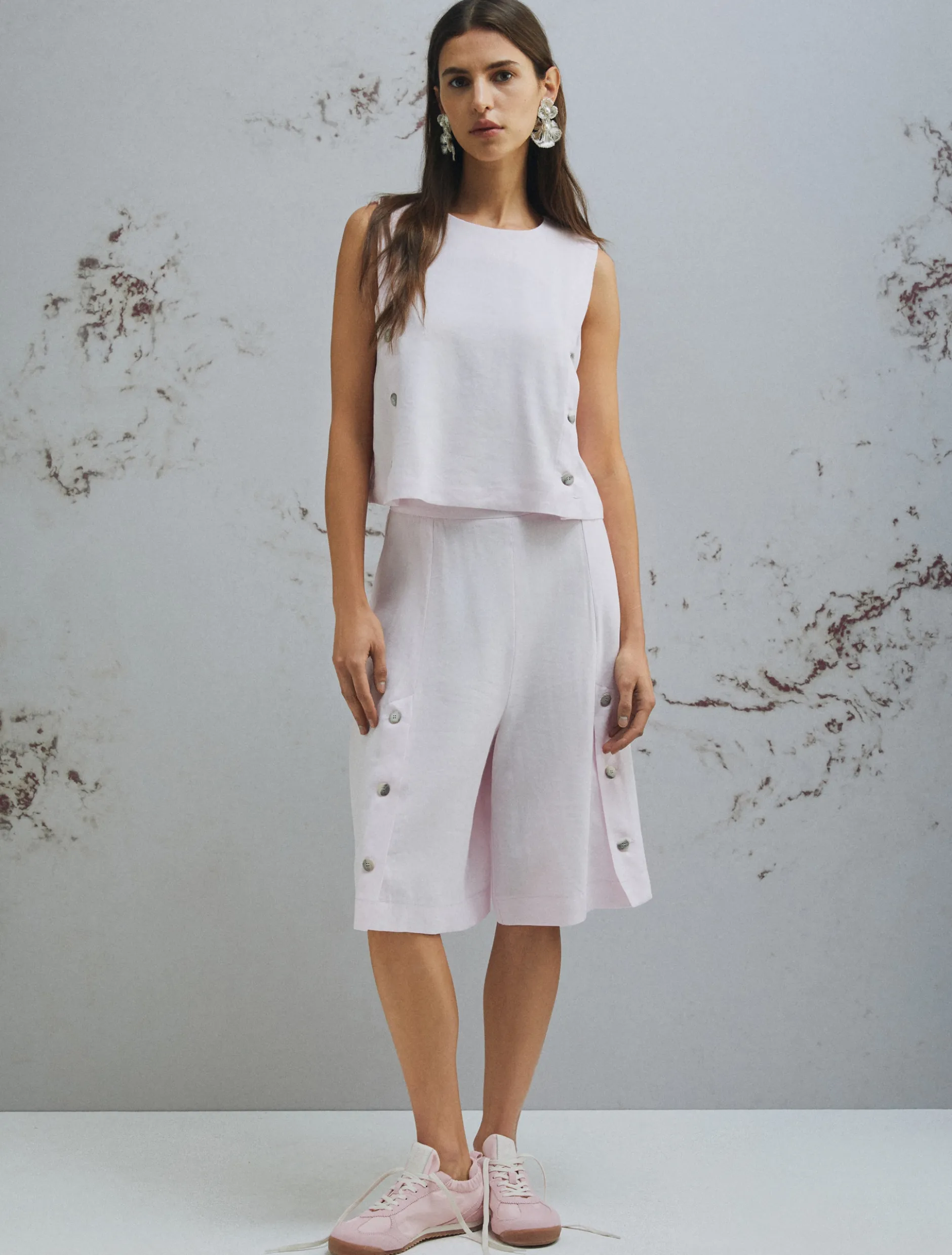 Top smanicato in misto lino stretch - ROSA
