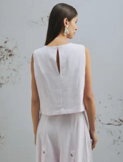 Top smanicato in misto lino stretch - ROSA