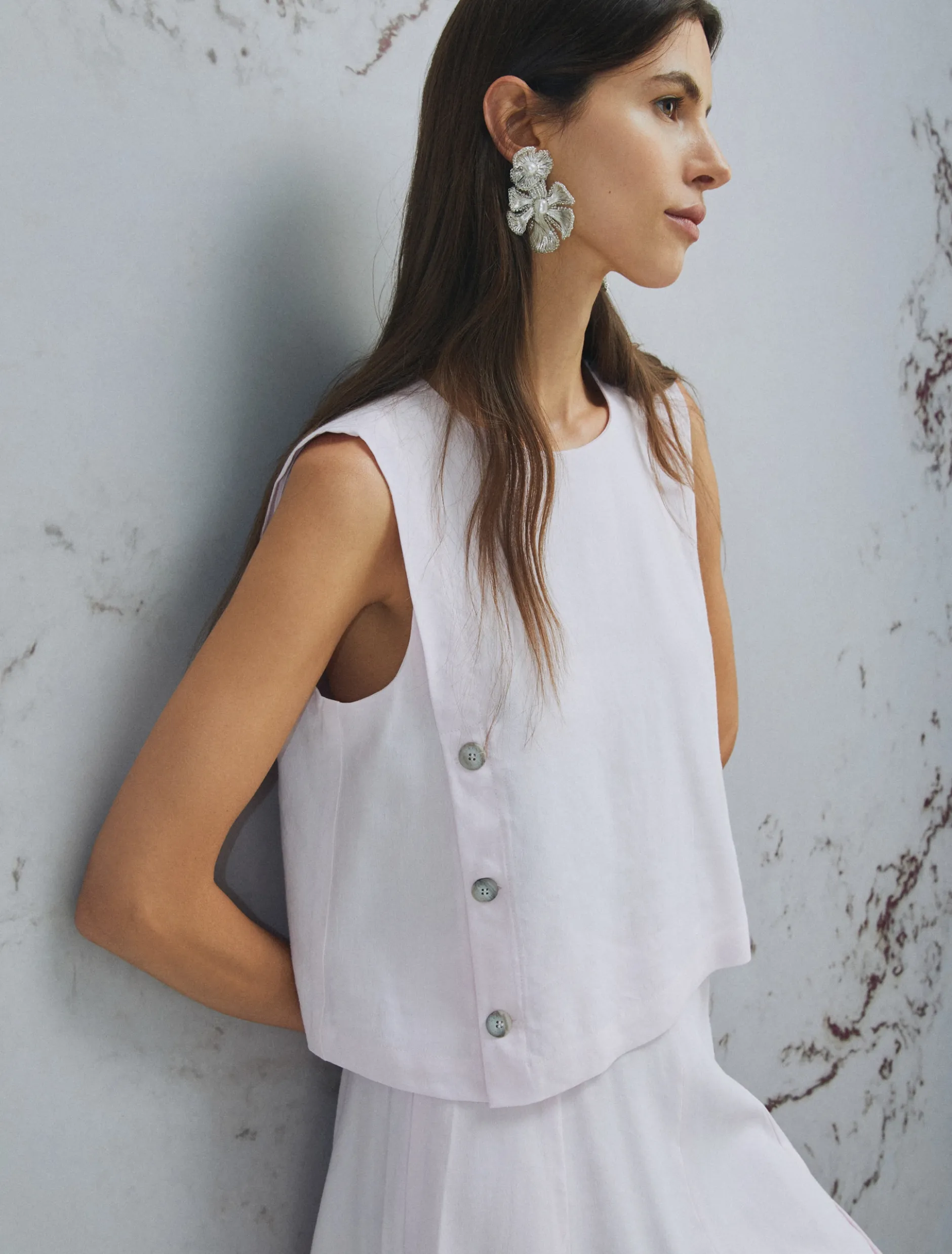 Top smanicato in misto lino stretch - ROSA