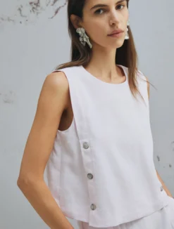 Top smanicato in misto lino stretch - ROSA