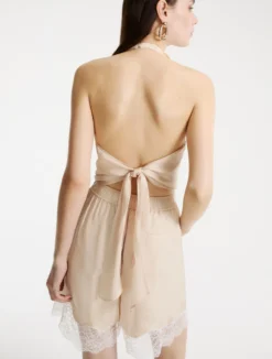 Top smanicato in twill - PANNA