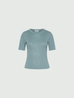 T-shirt in maglia con cristalli - AZZURRO