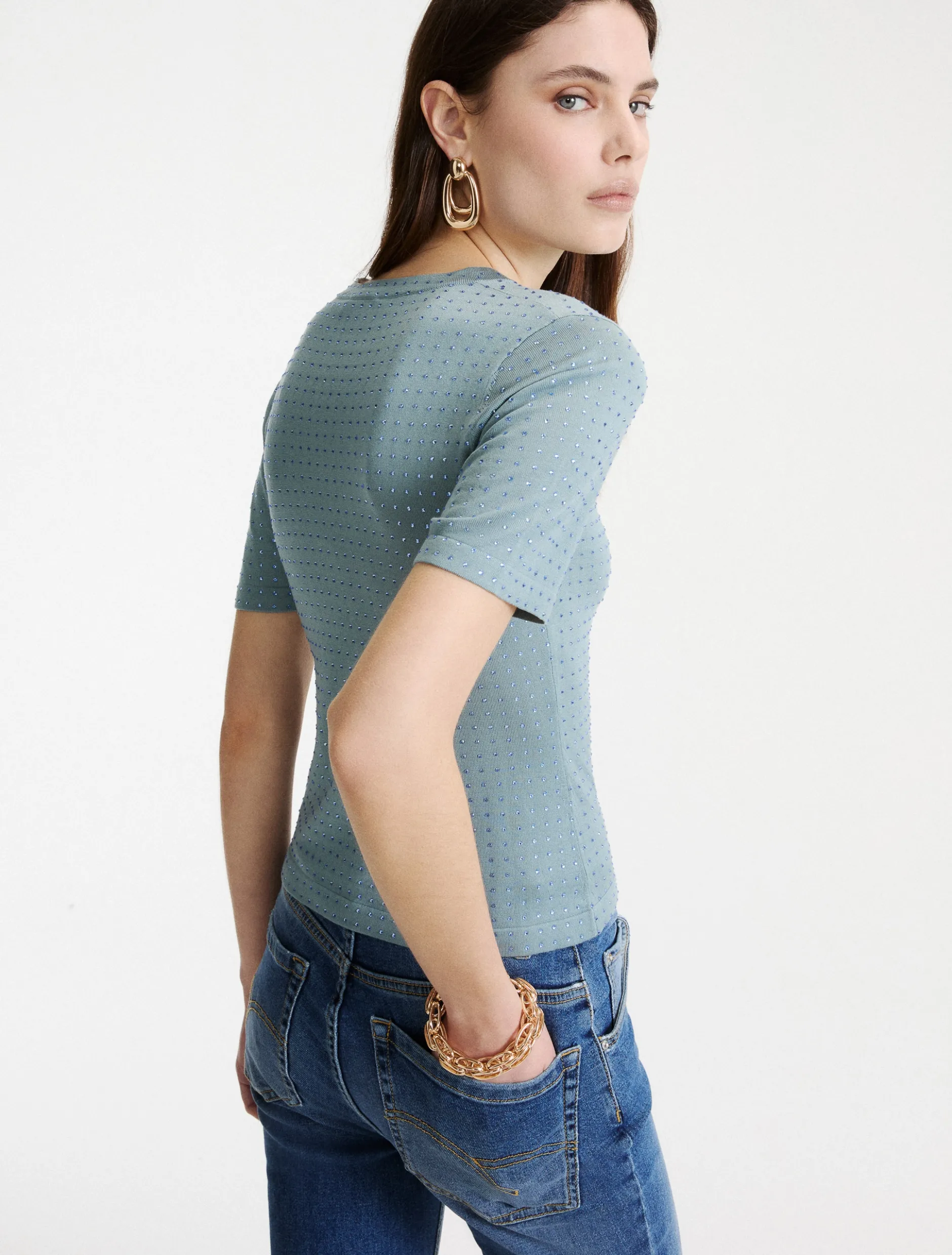 T-shirt in maglia con cristalli - AZZURRO