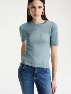 T-shirt in maglia con cristalli - AZZURRO