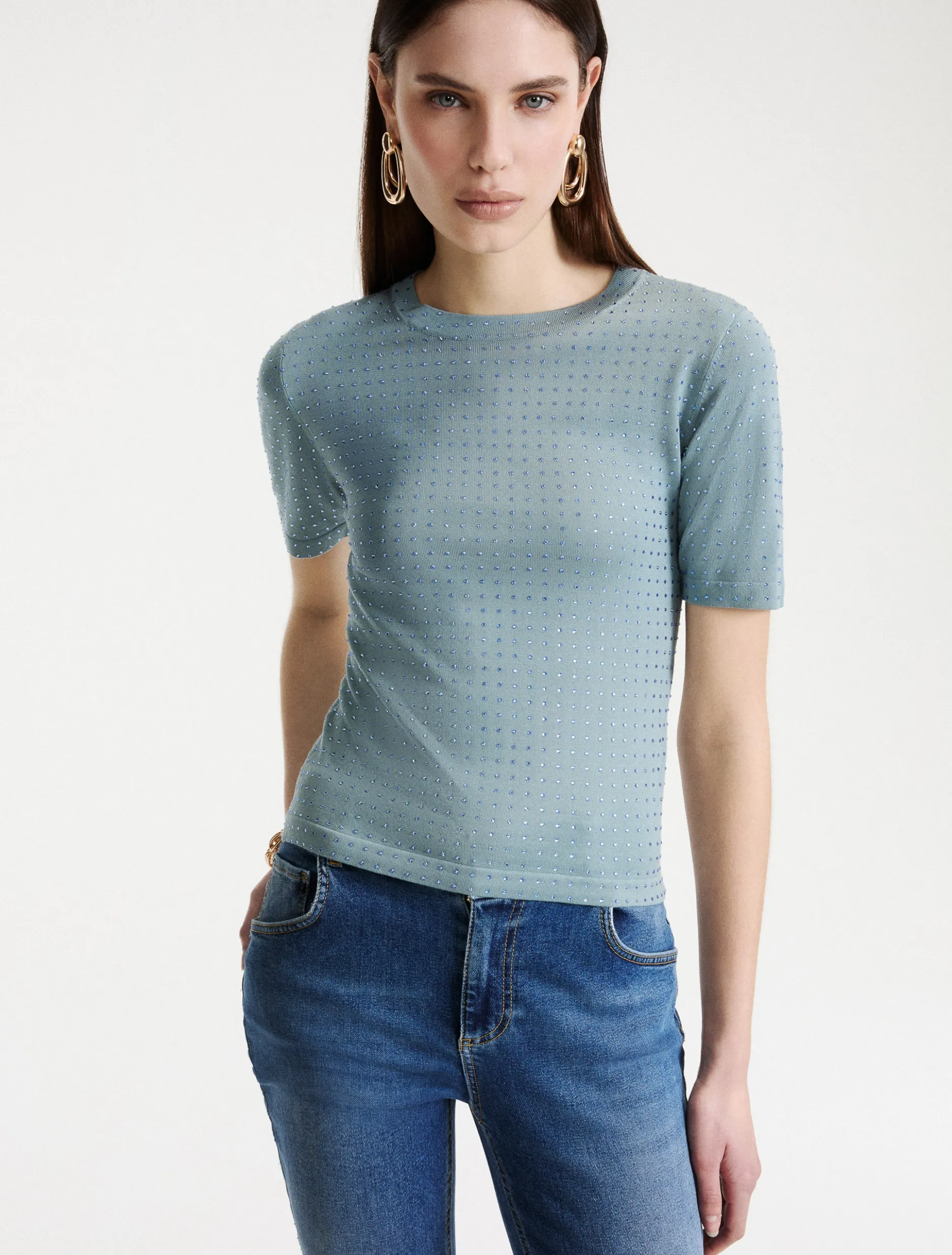 T-shirt in maglia con cristalli - AZZURRO