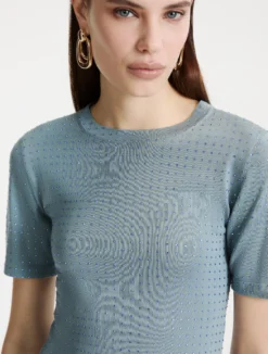 T-shirt in maglia con cristalli - AZZURRO