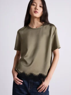 T-shirt in raso con pizzo - KAKI