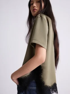 T-shirt in raso con pizzo - KAKI