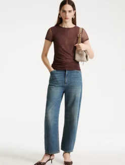 T-shirt in tulle stretch - MARRONE