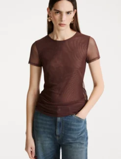 T-shirt in tulle stretch - MARRONE