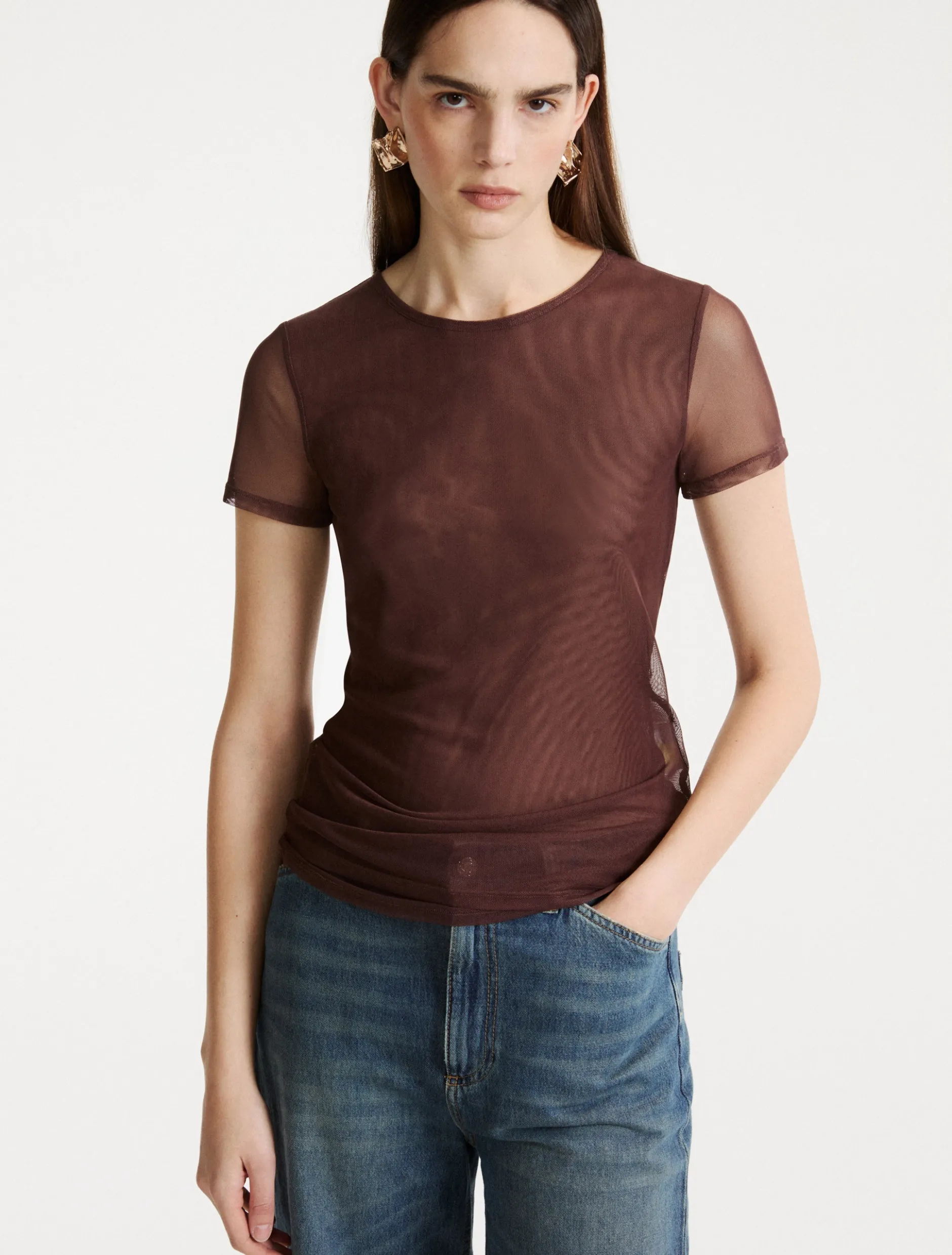 T-shirt in tulle stretch - MARRONE