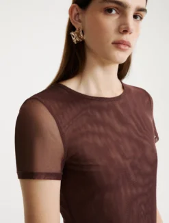 T-shirt in tulle stretch - MARRONE