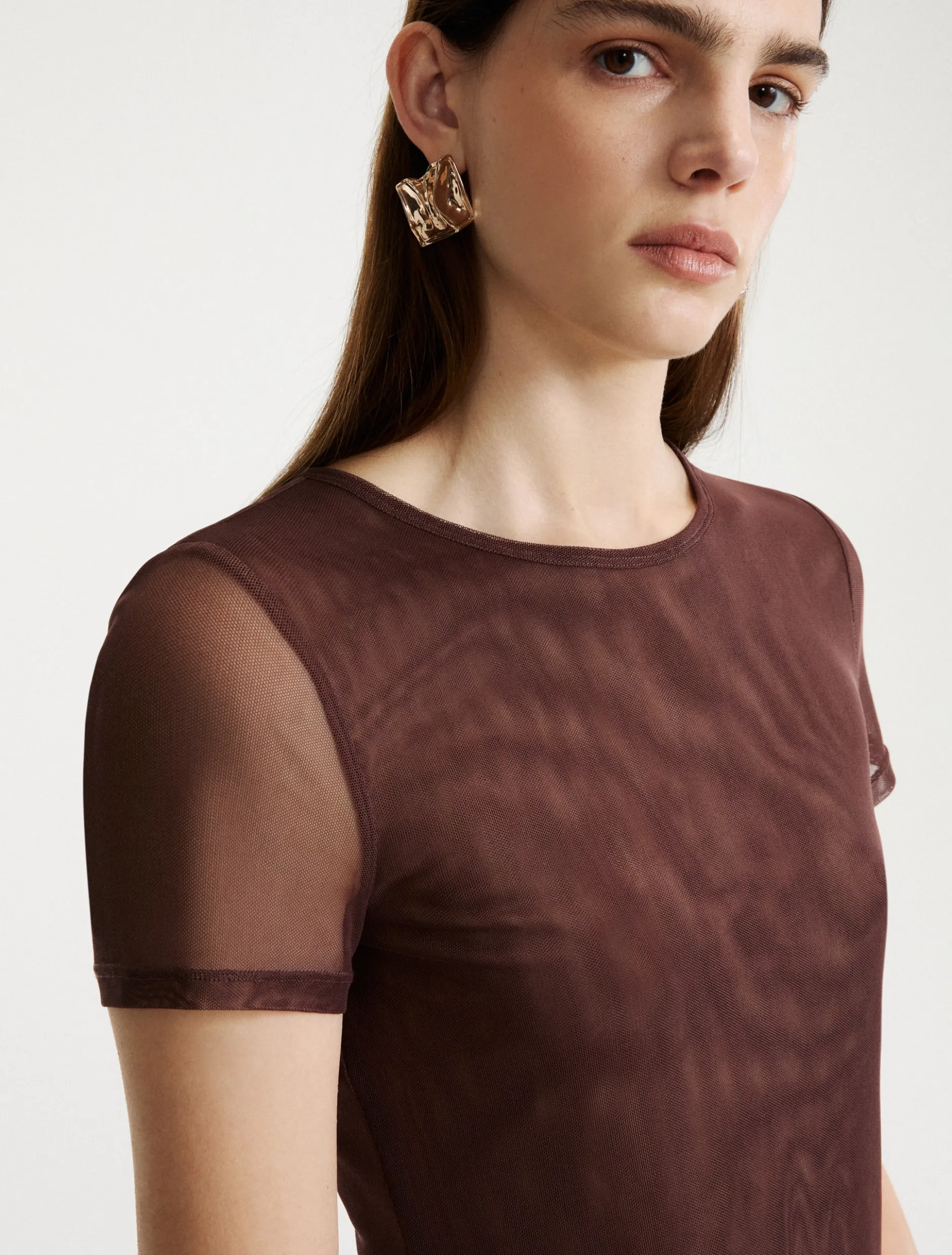 T-shirt in tulle stretch - MARRONE